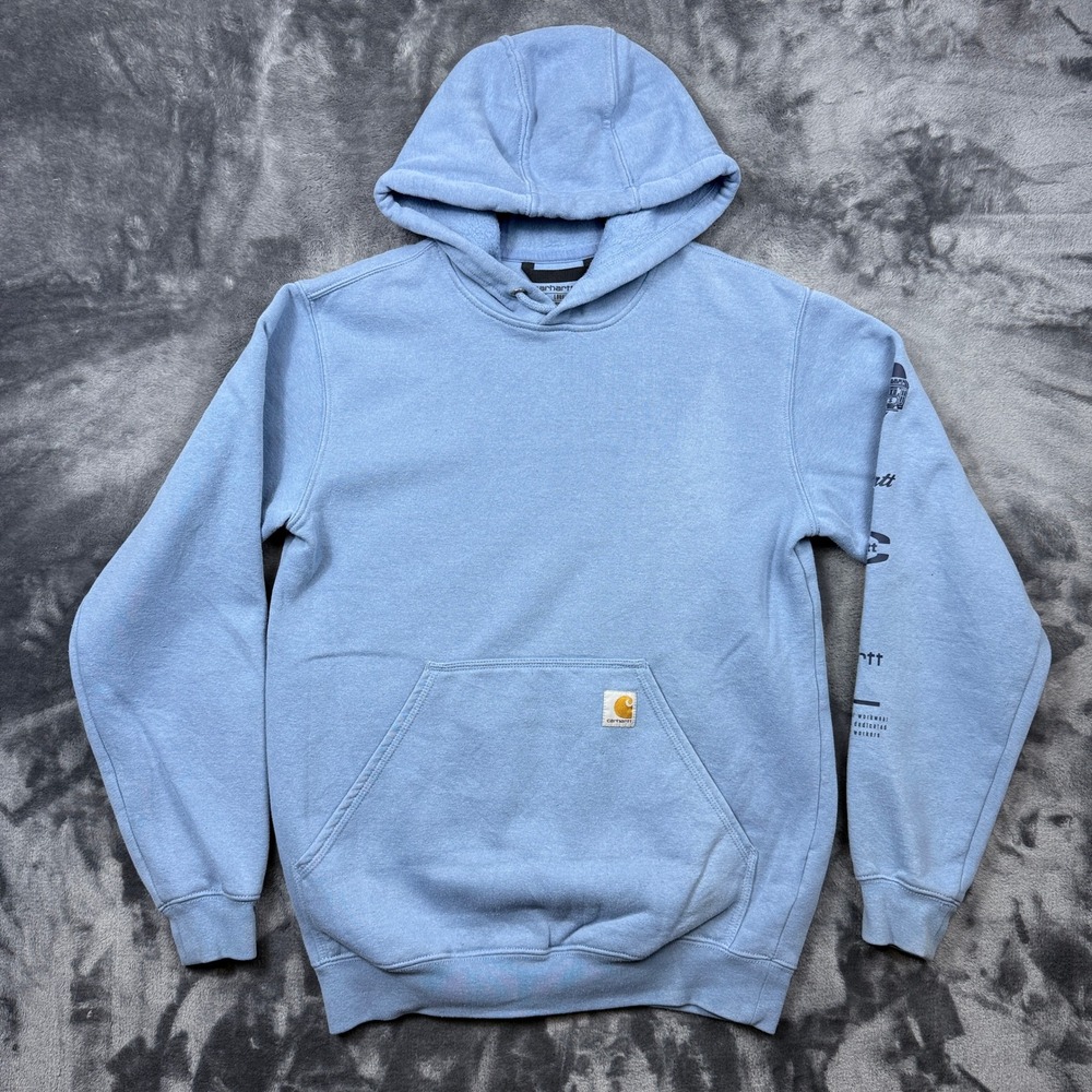 Carhartt Hoodie Mens Small Blue Loose Fit Graphic Sleeve Logo Sweatshirt
